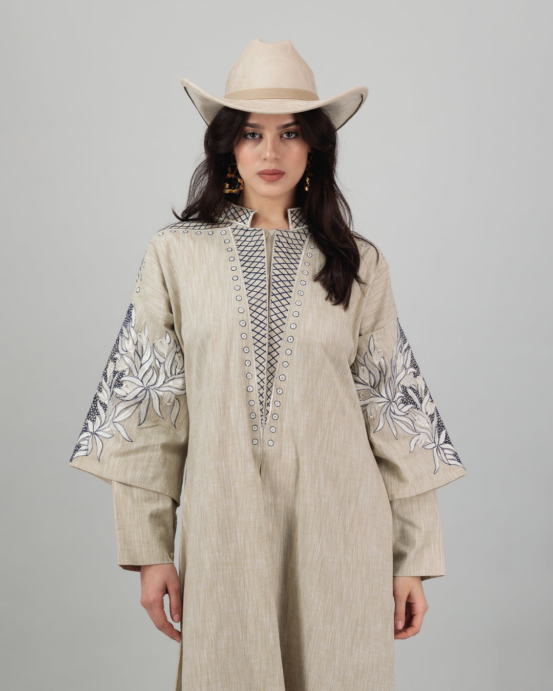 Cream Linen with Delicate Blue Embroidery