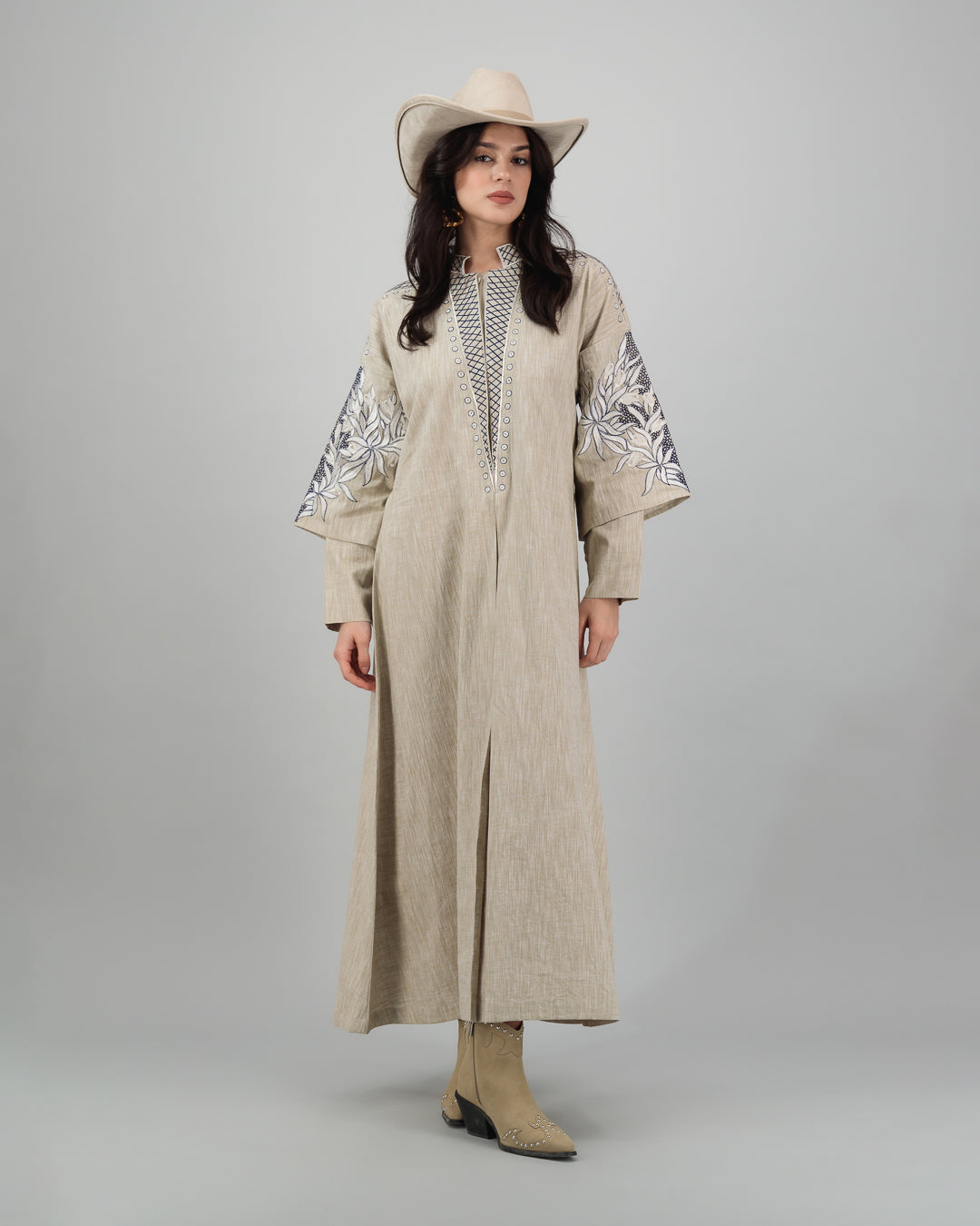 Cream Linen with Delicate Blue Embroidery