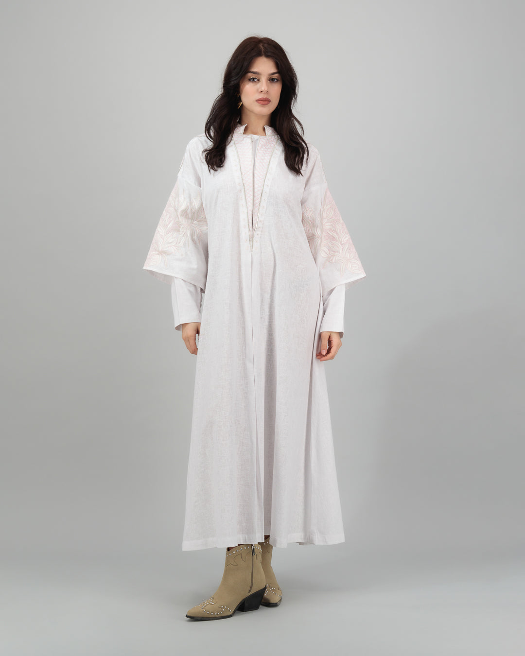 White Linen Kaftan with Pink Leaf & Floral Embroidery