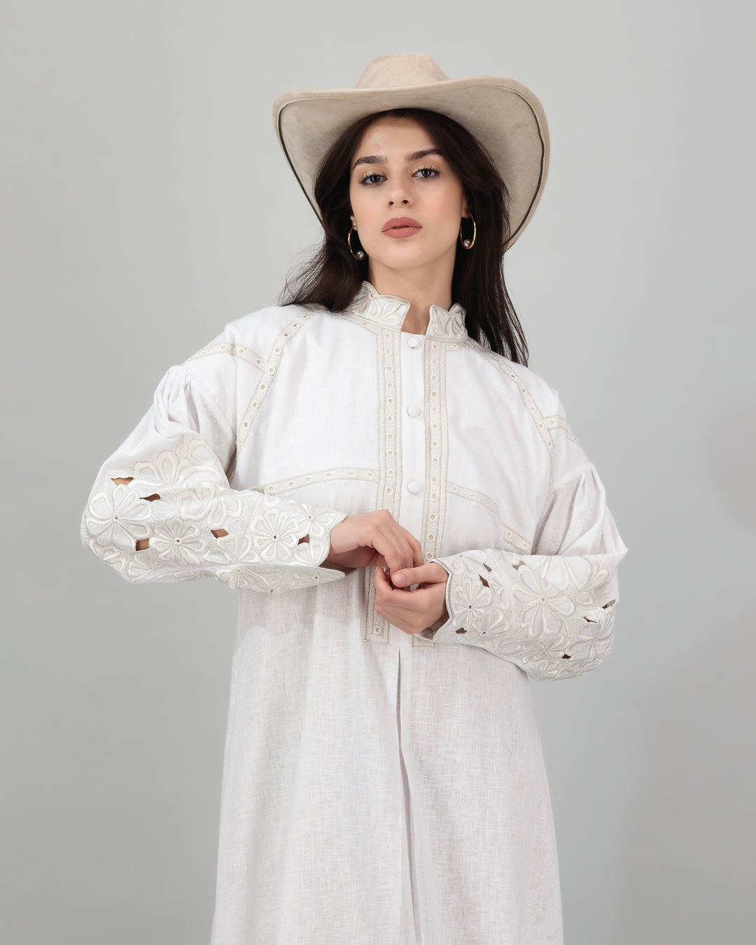 White-Toned Linen Fabric with Floral Sleeve Artwork