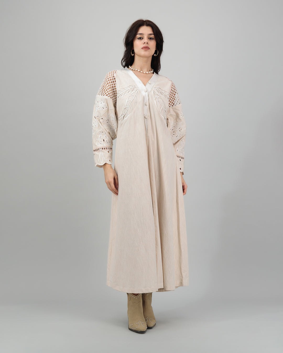 Cream Linen Kaftan with Leaf & Floral Cutwork