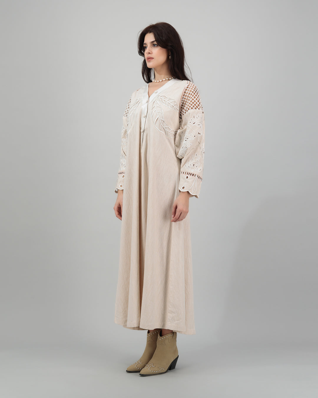 Cream Linen Kaftan with Leaf & Floral Cutwork