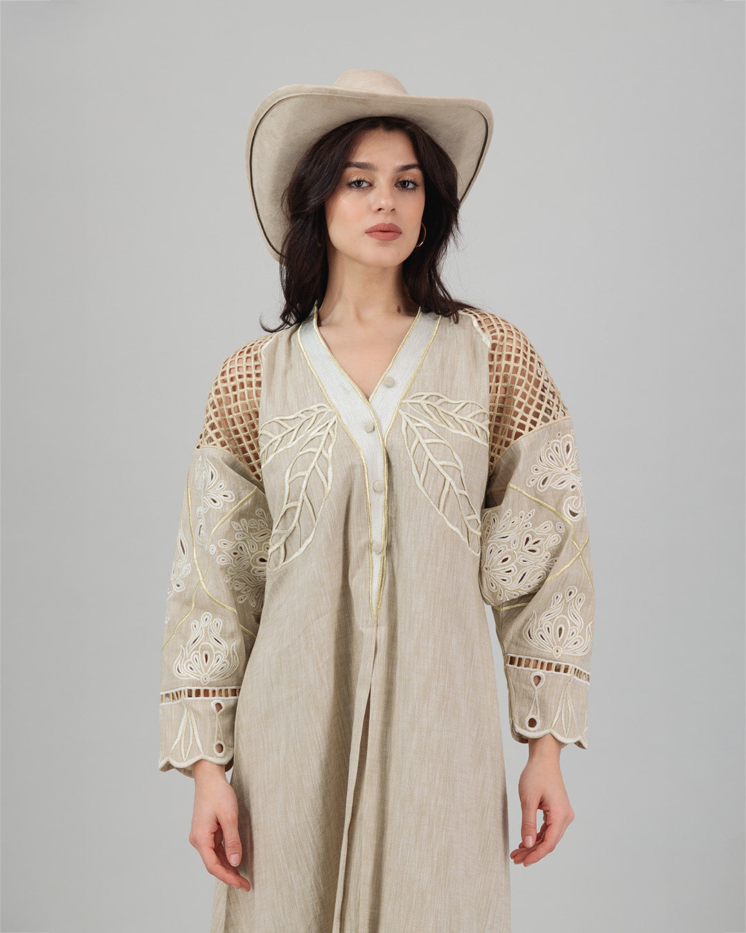 Beige Linen Kaftan with Delicate Leaf & Floral Cutwork