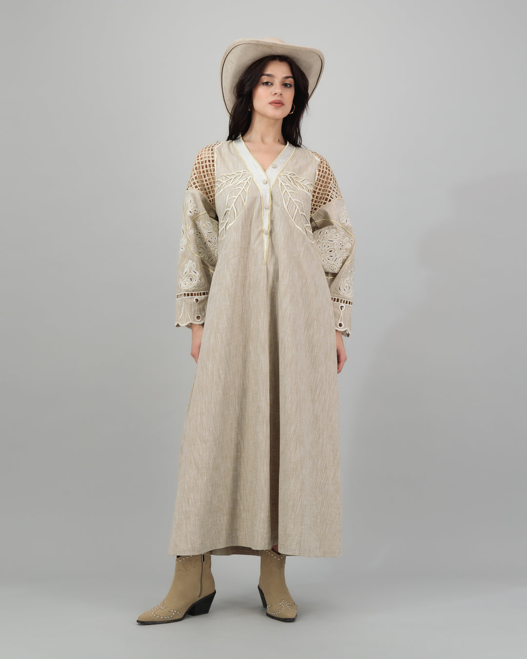 Beige Linen Kaftan with Delicate Leaf & Floral Cutwork