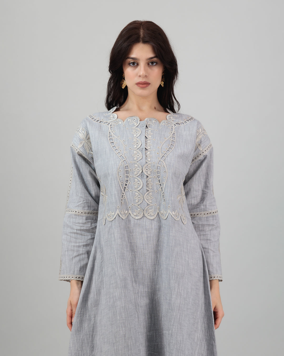 Gray Linen Kaftan with Silver Leaf & Floral Embroidery