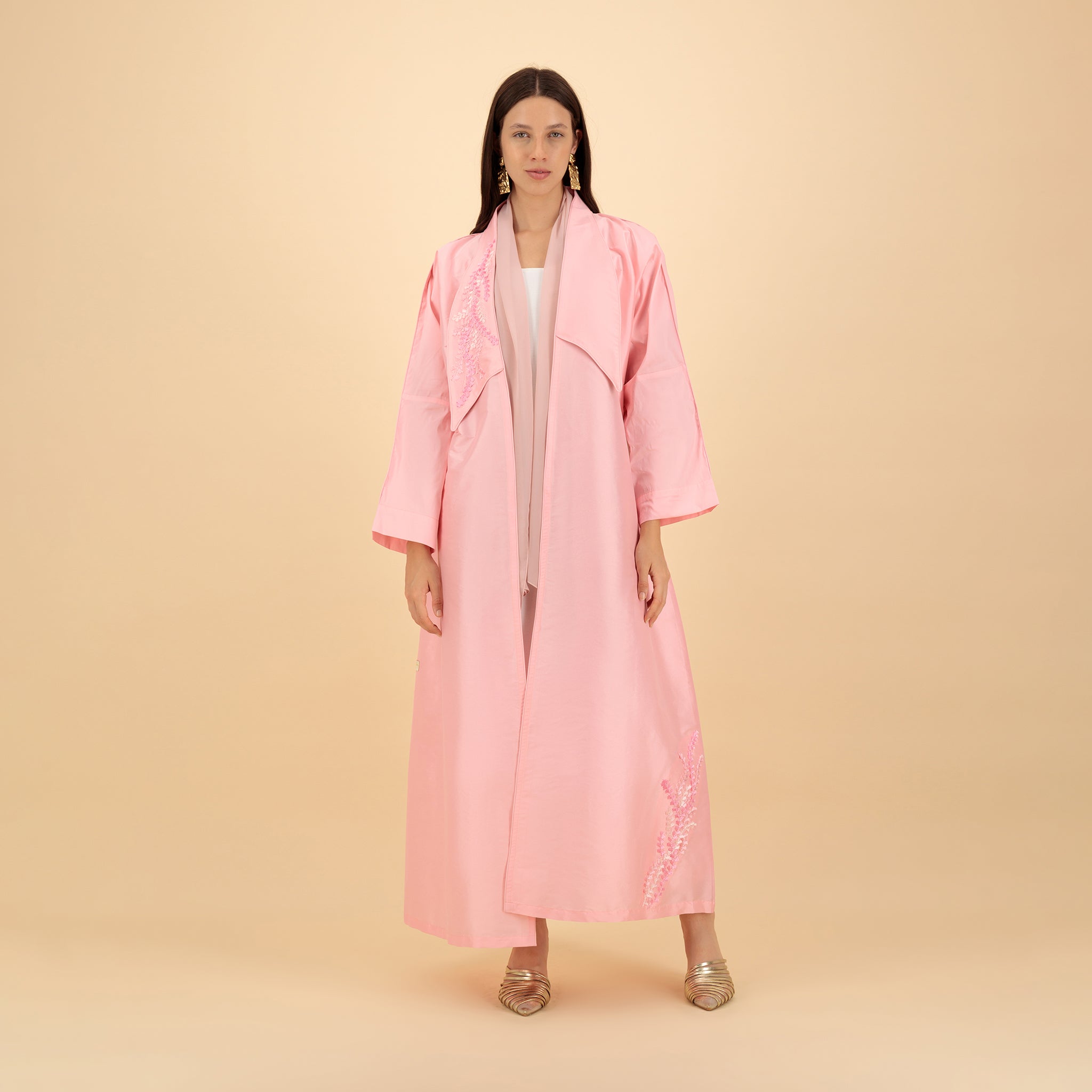 Baby Pink Taffeta Abaya with Floral Embroidery
