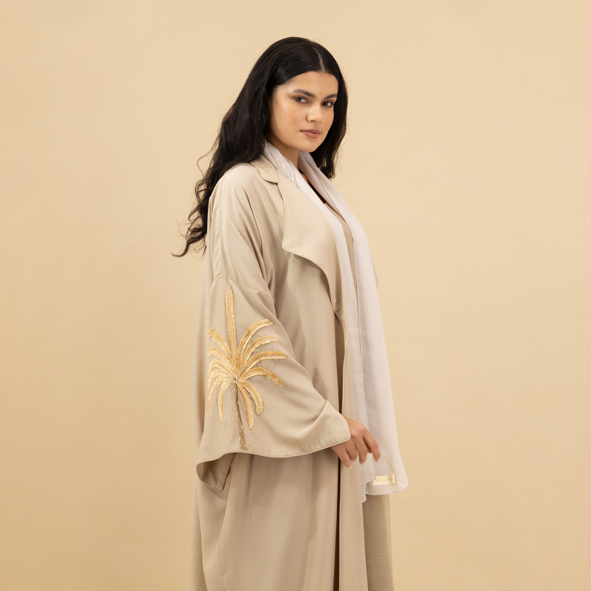 Beige Nada Crepe Abaya with Palm Tree Embroidery