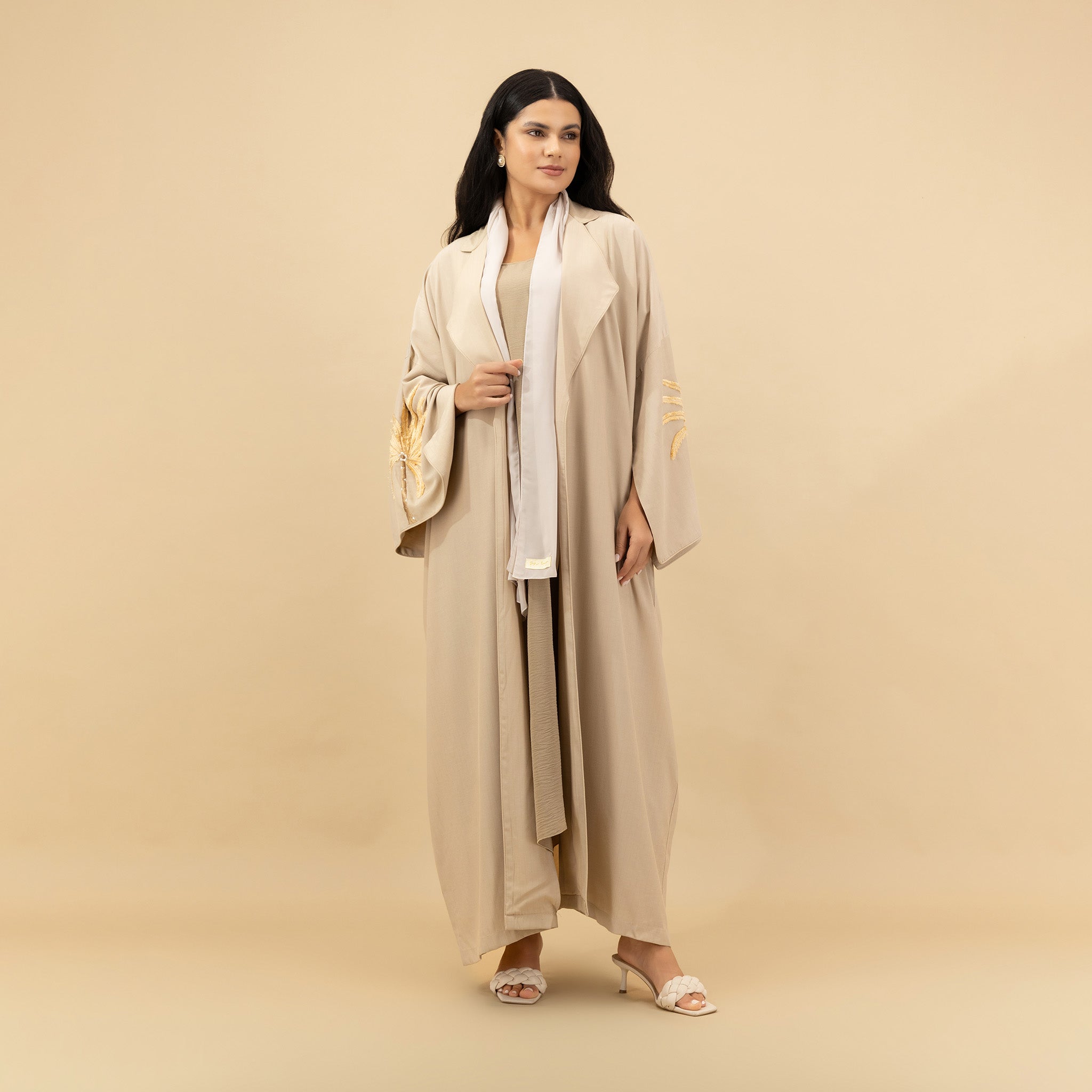 Beige Nada Crepe Abaya with Palm Tree Embroidery