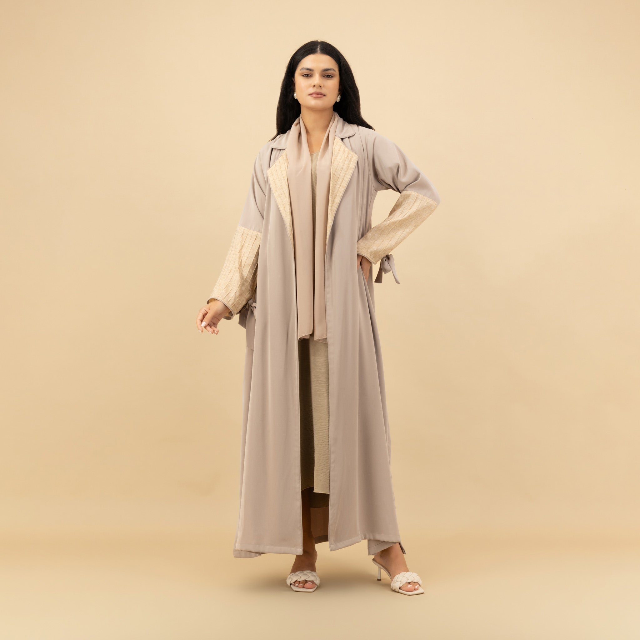 Beige Nada Crepe Coat-Collar
