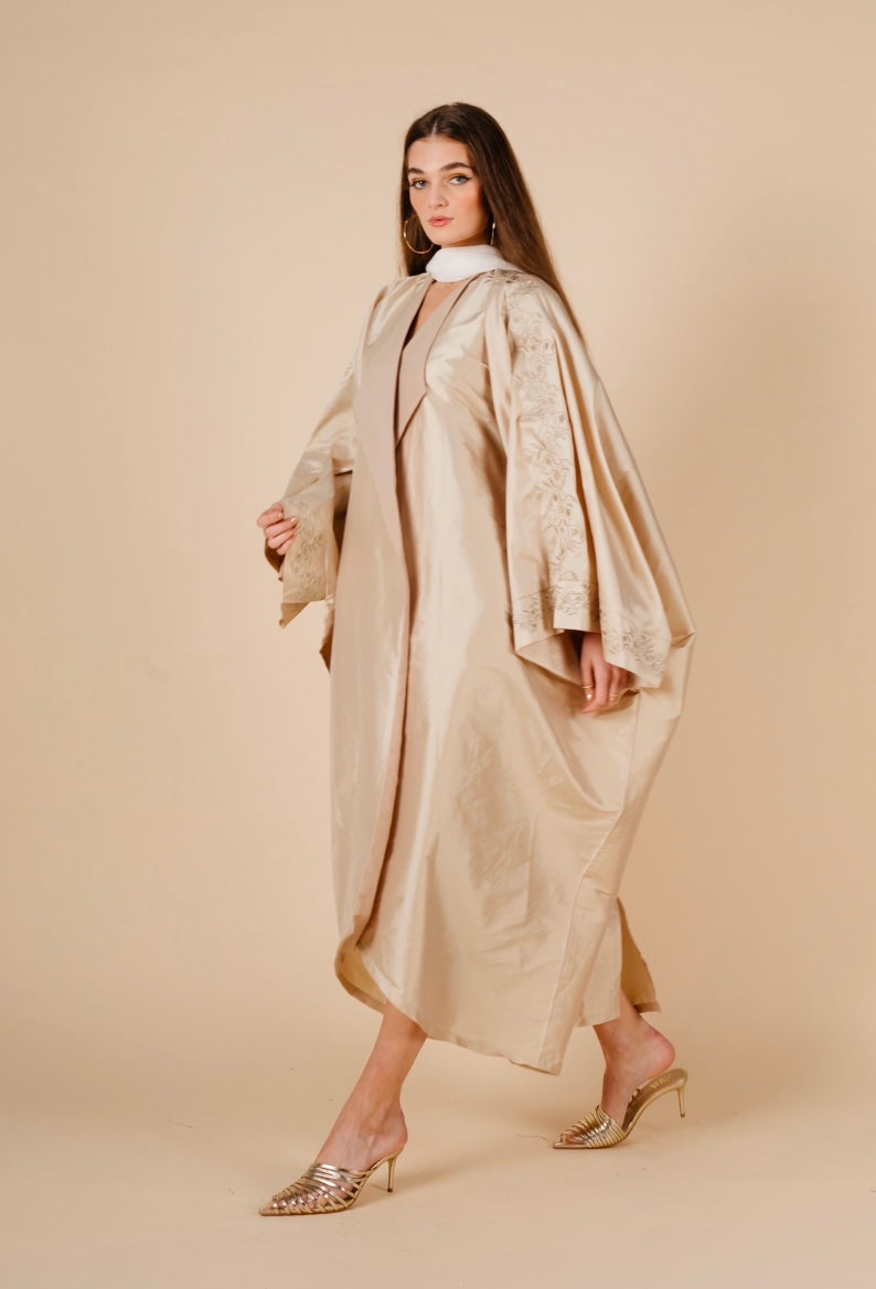 Cream Leaf Embroidered Abaya