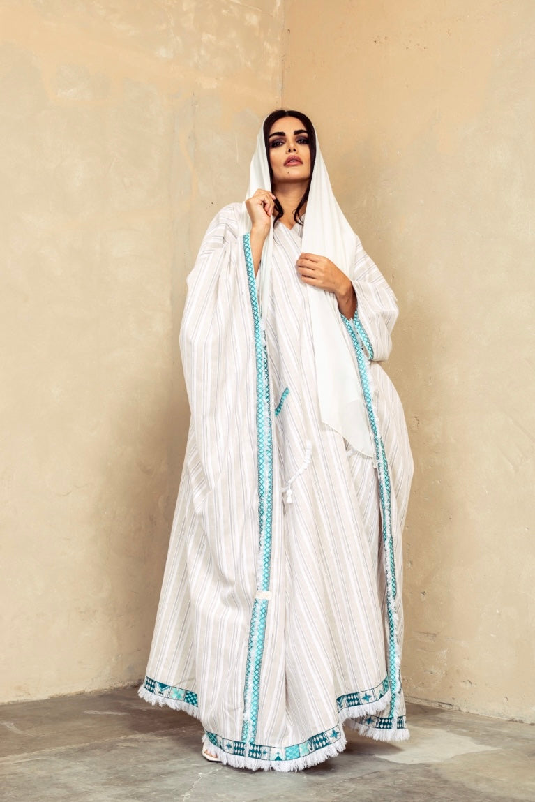 Beige Striped Linen Bisht Abaya