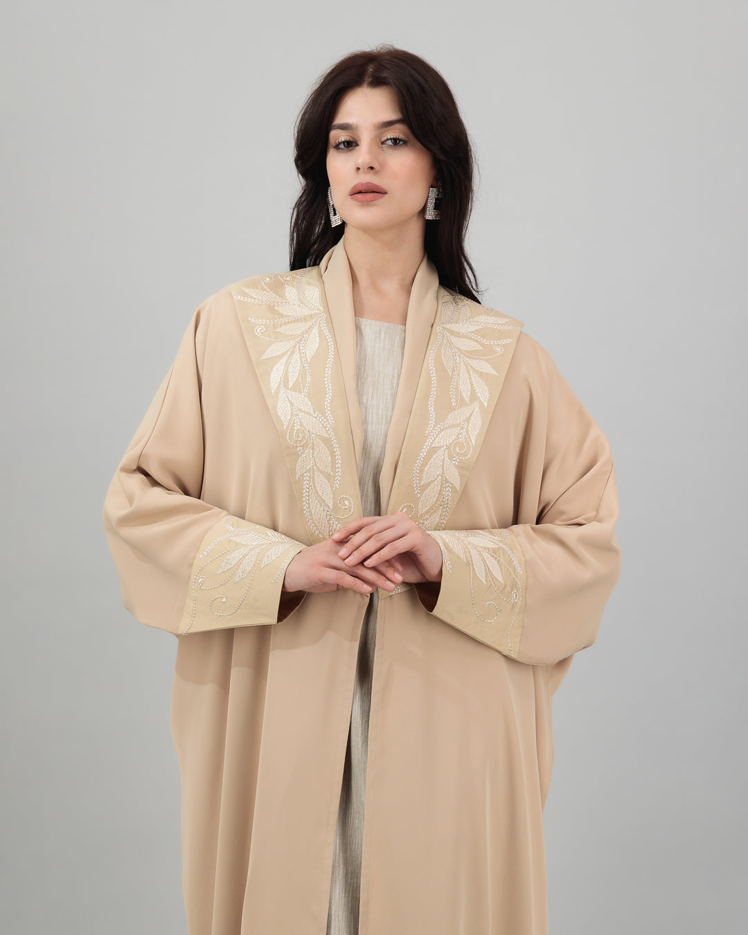 Camel Beige Abaya with Embroidered Collar and Cuffs