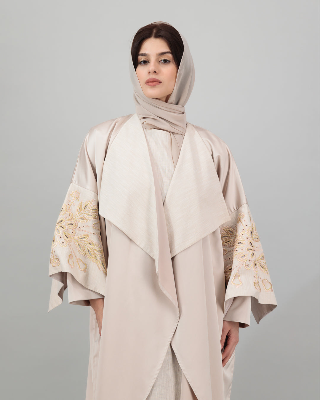 Blush Beige Abaya with Golden Embroidered Sleeves