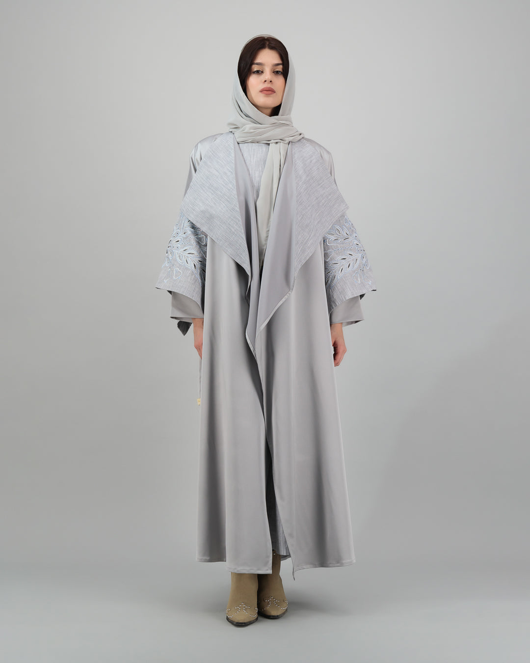 Dusty Grey Embroidered Open Abaya