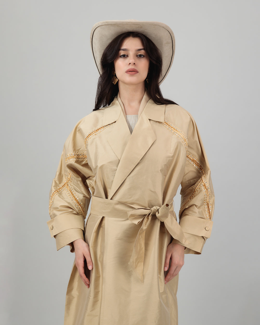 Golden Beige Embroidered Open Abaya