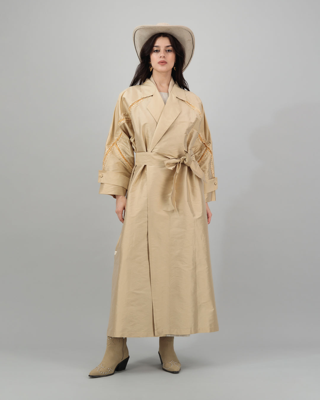Golden Beige Embroidered Open Abaya