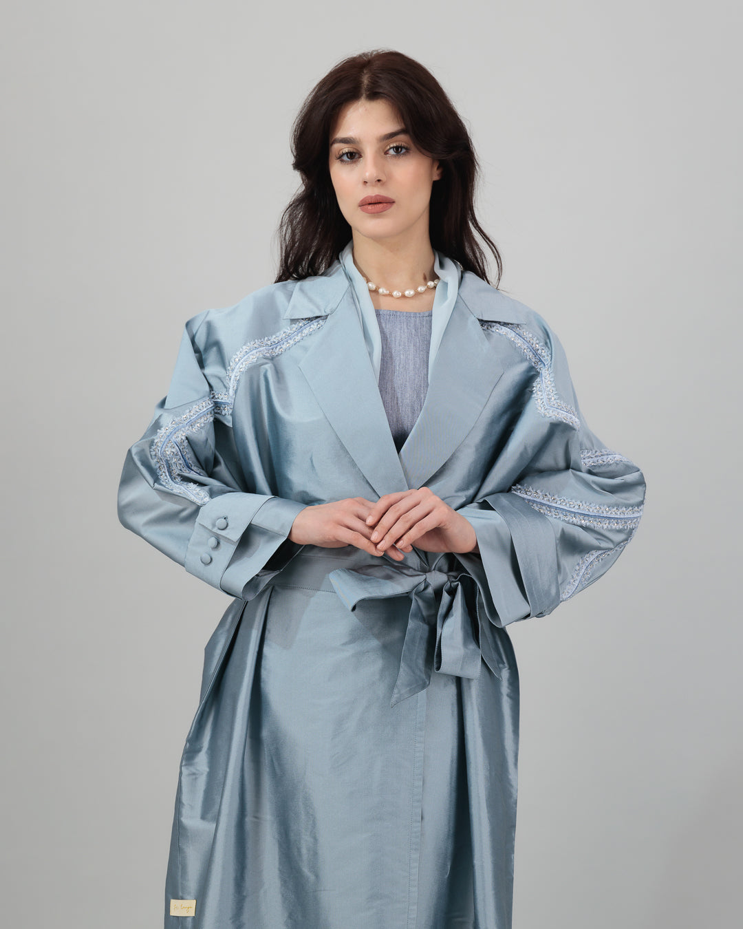 Silky Blue Embroidered Trench Coat