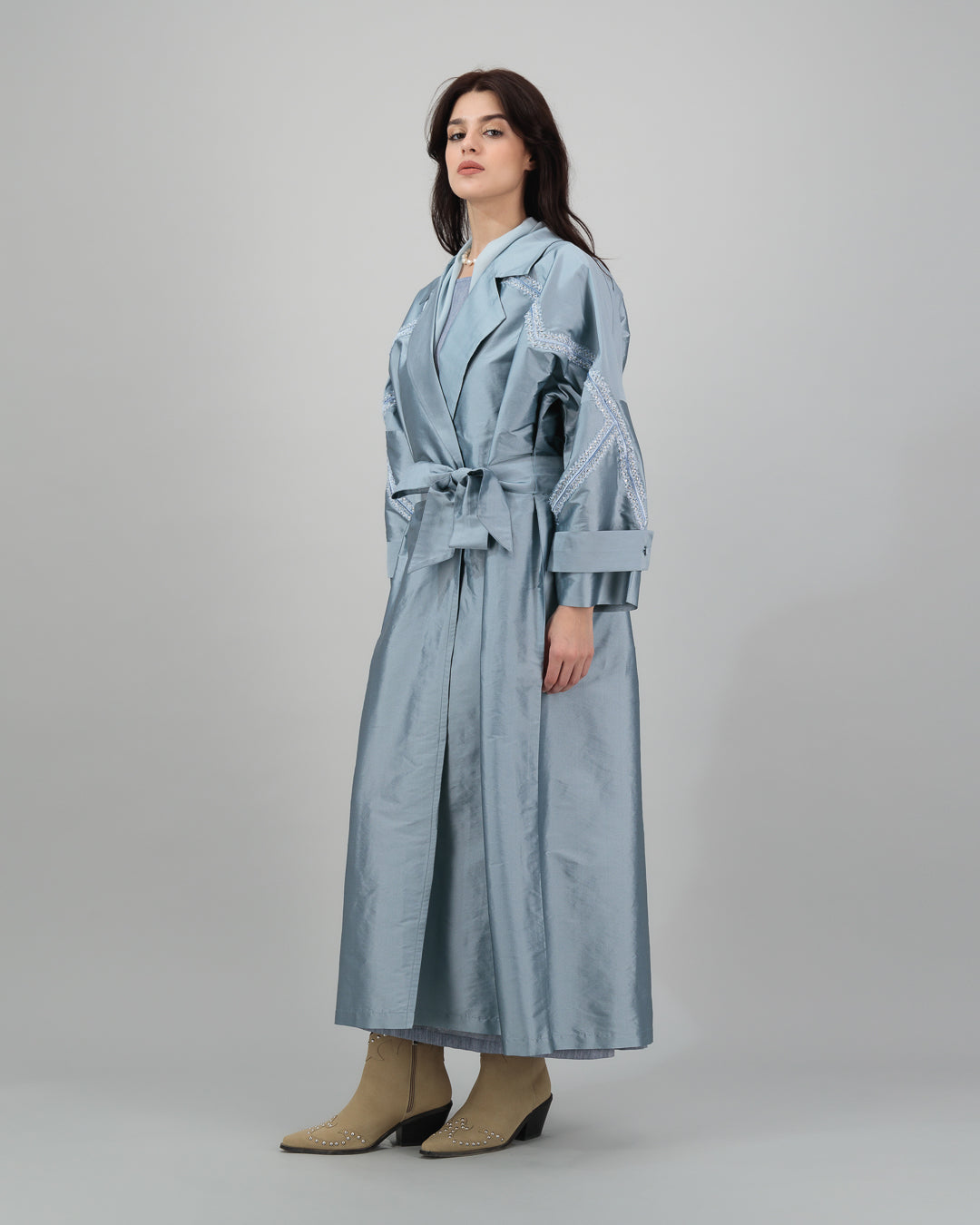 Silky Blue Embroidered Trench Coat