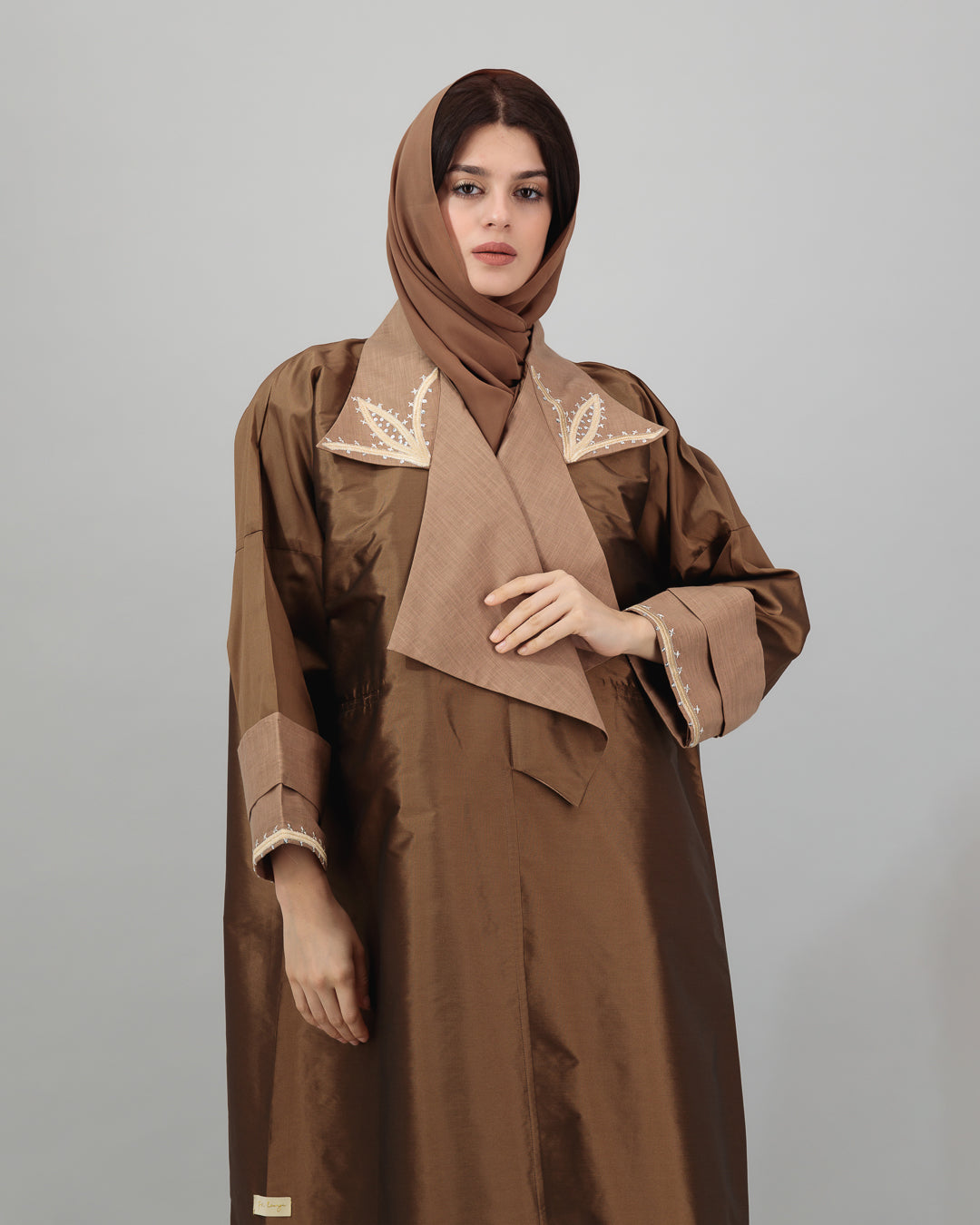 Chocolate Brown Embroidered Collar Abaya with Sheen Finish