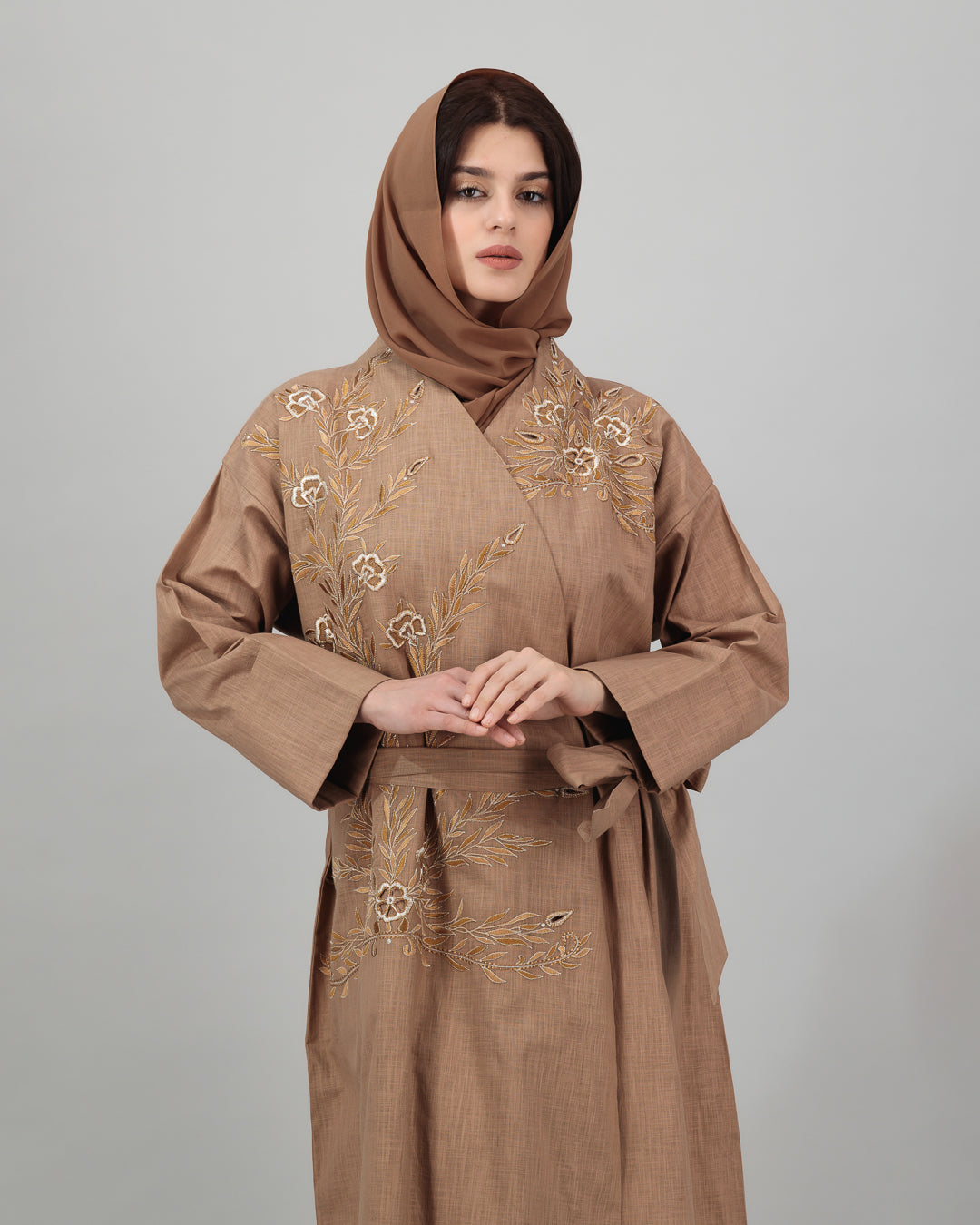 Earthy Brown Abaya with Embroidered Foliage and Waist Tie