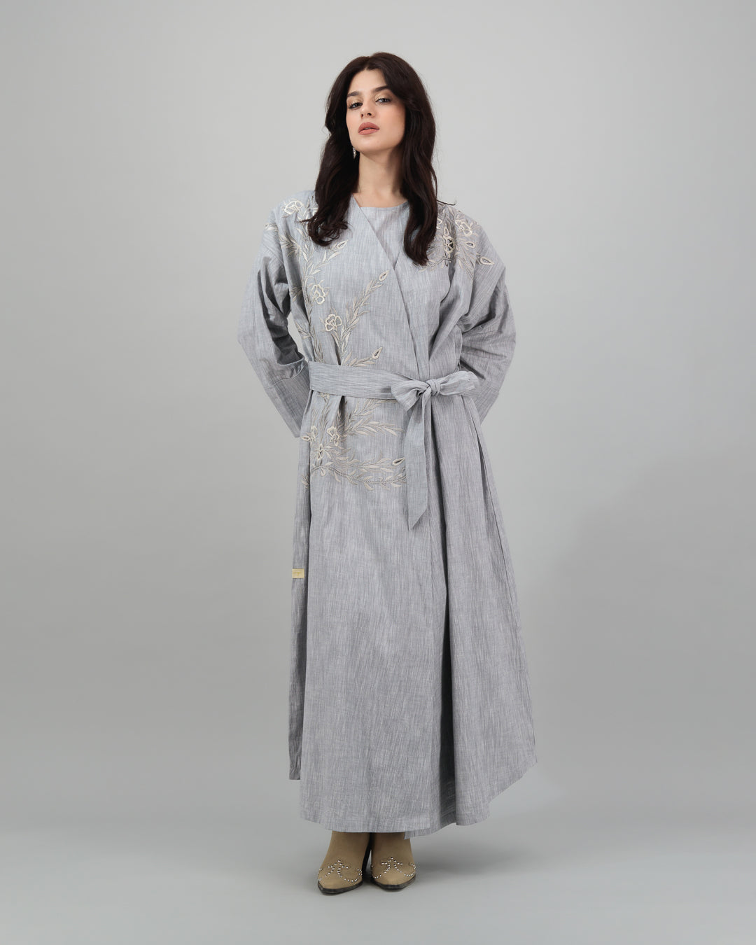 Soft Grey Embroidered Wrap Abaya with Waist Tie