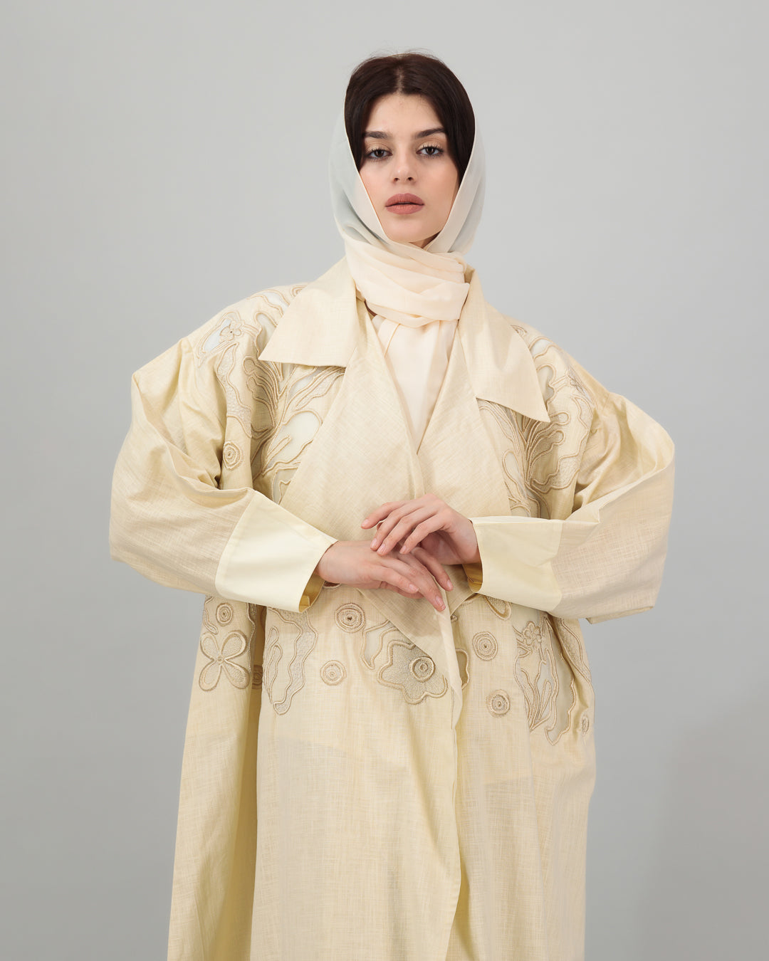 Cream Textured Embroidered Abaya