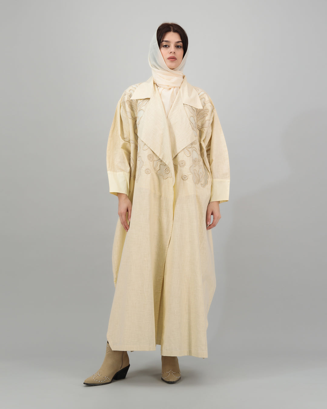 Cream Textured Embroidered Abaya