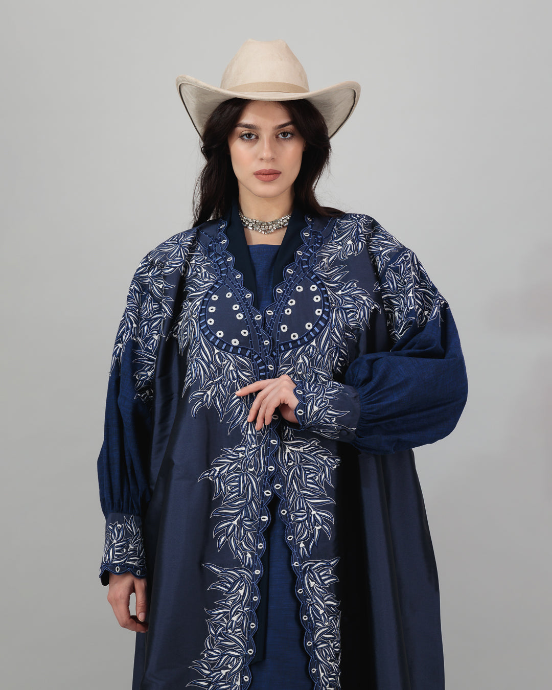 Navy Embroidered Abaya with Western-Inspired Elegance