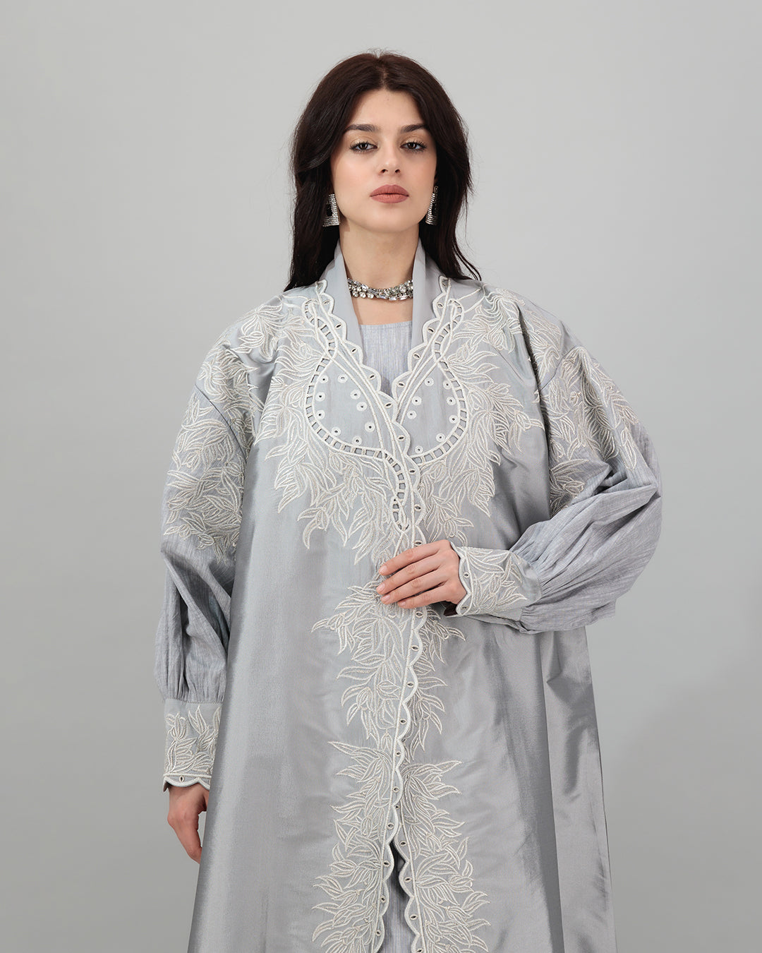 Silver Embroidered Abaya with Scalloped Edge Detail