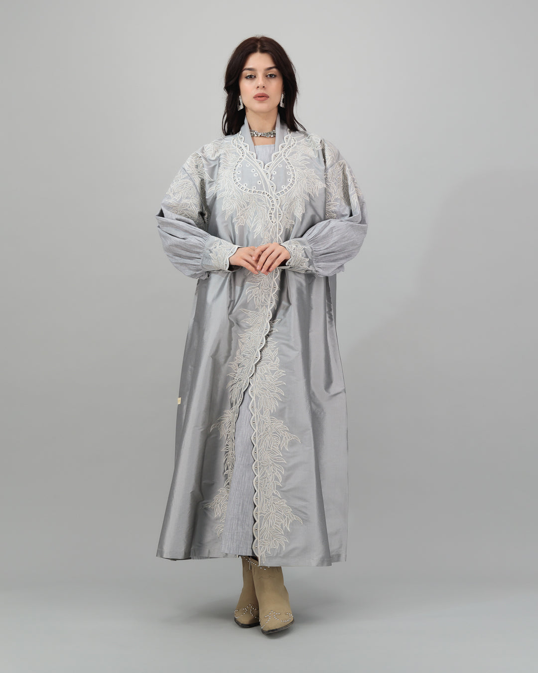 Silver Embroidered Abaya with Scalloped Edge Detail