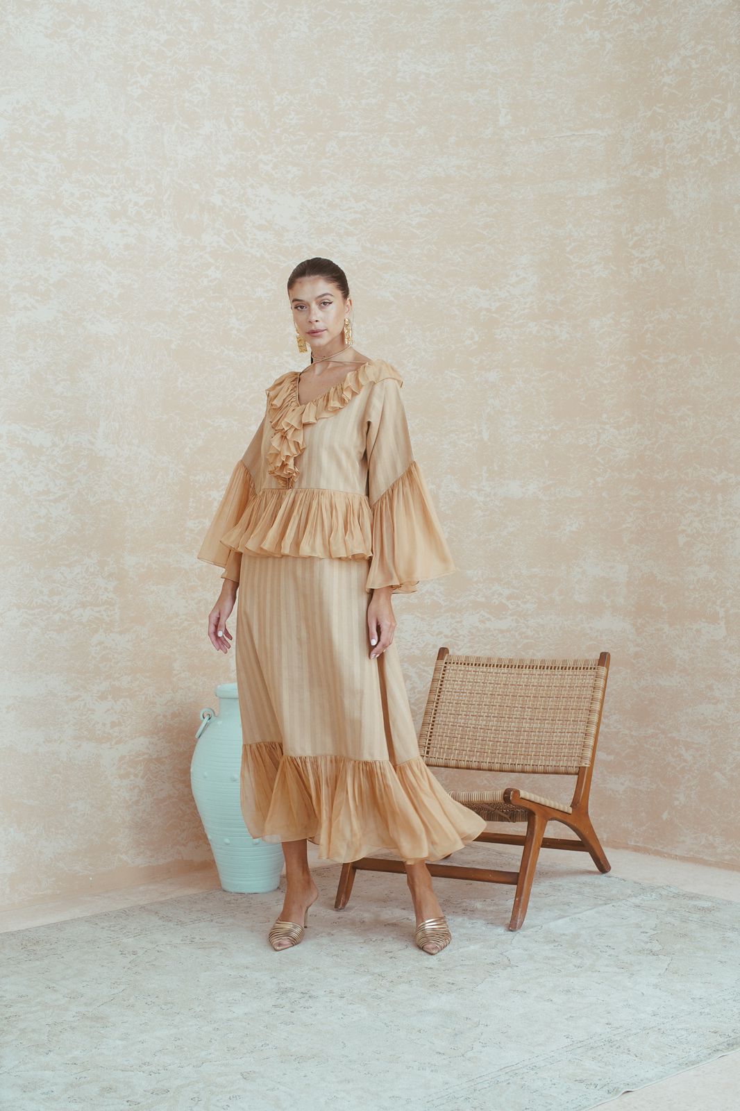 Golden Whisper Ruffle Dress