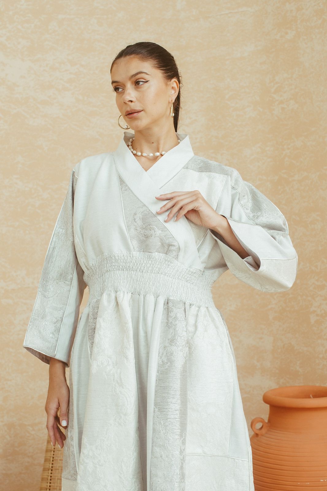 Ivory Brocade Kimono-Wrap Dress