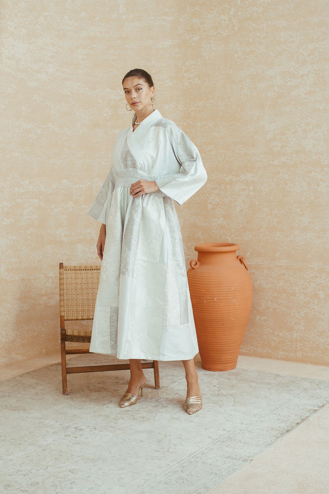 Ivory Brocade Kimono-Wrap Dress