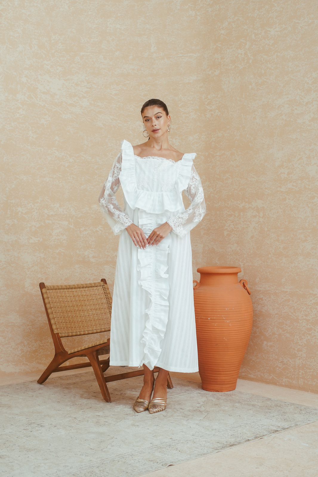 White Ruffle Lace Panel Dress