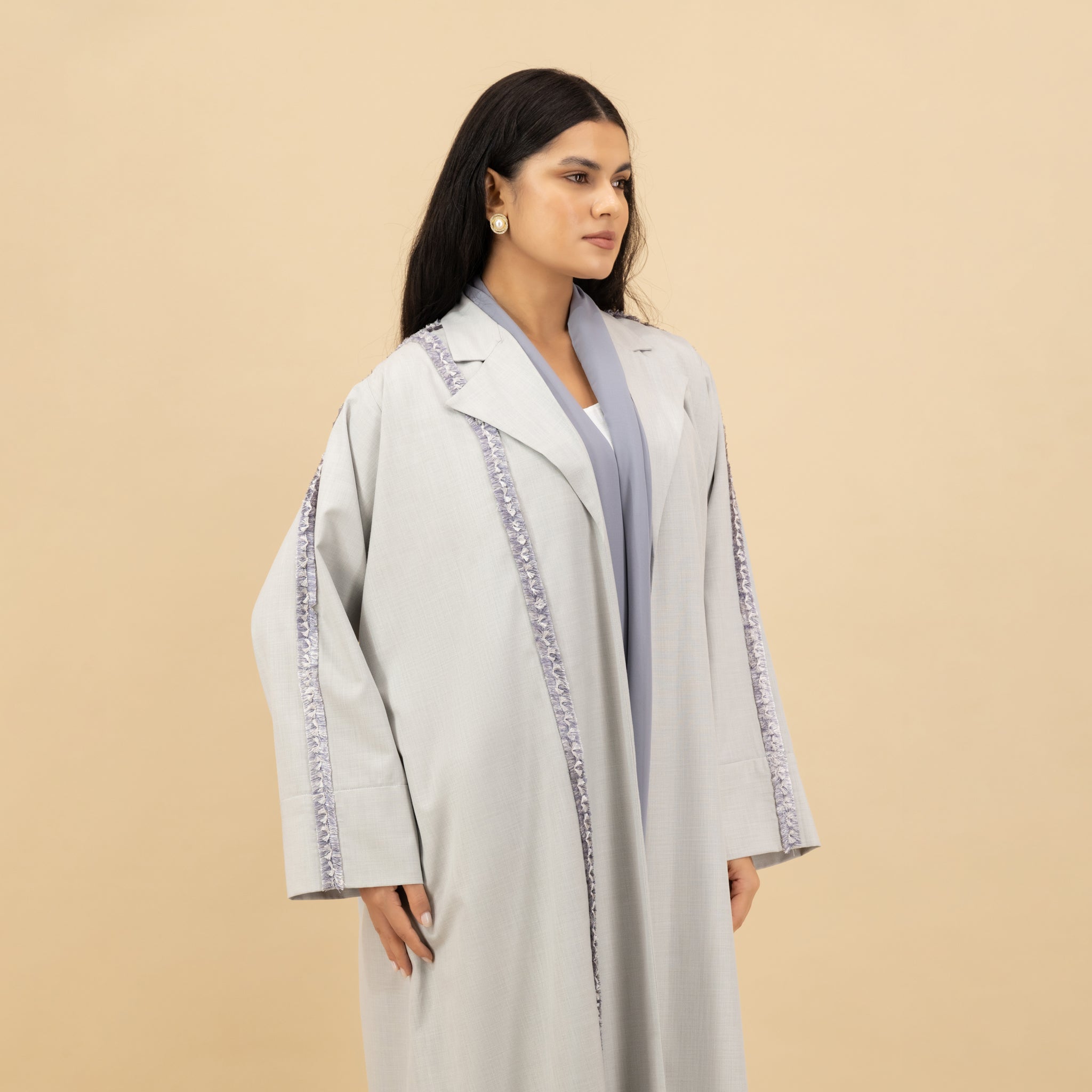 Light Grey Abaya with Detailed Trim