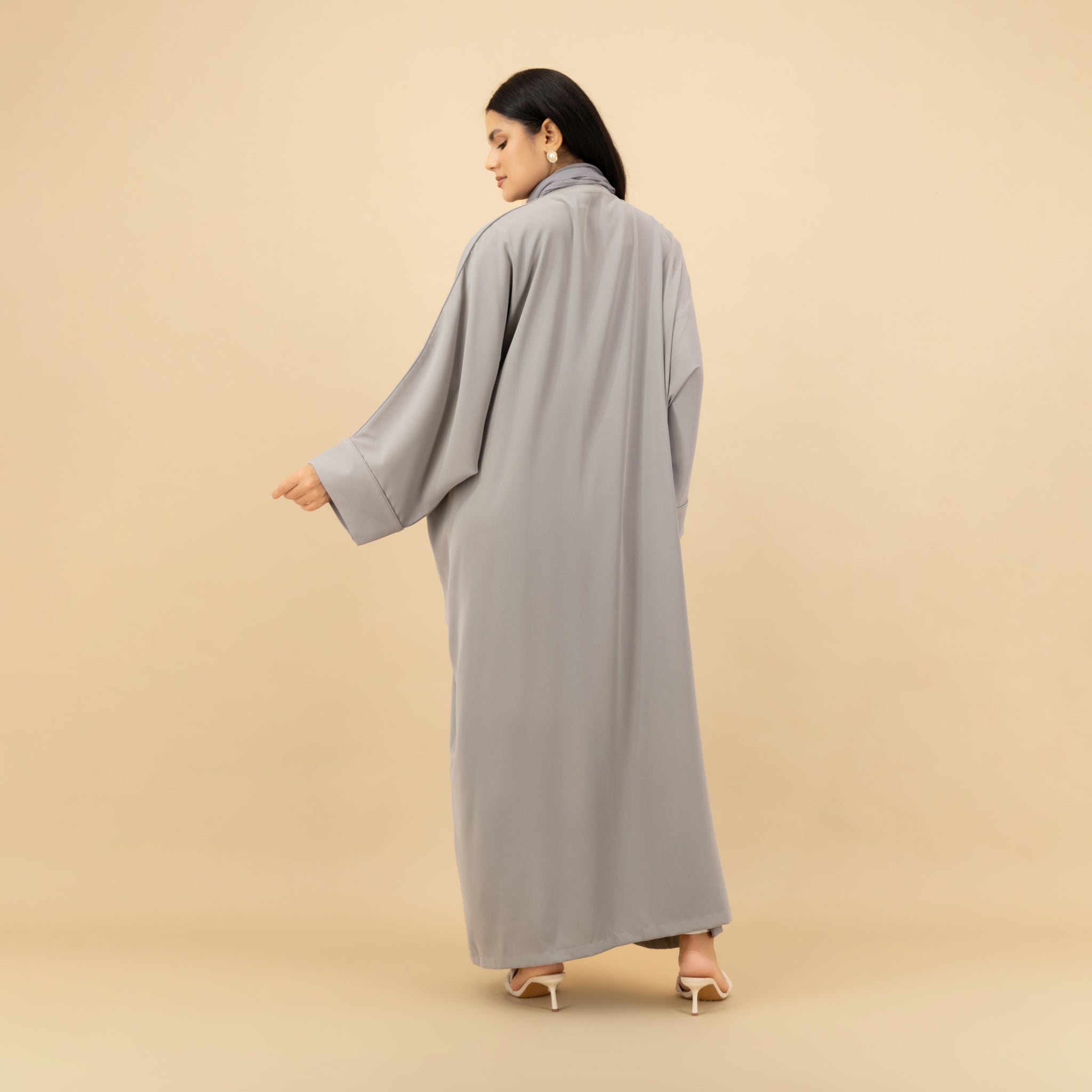Ethereal Gray Draped Abaya with Artistic Sleeve Embroidery