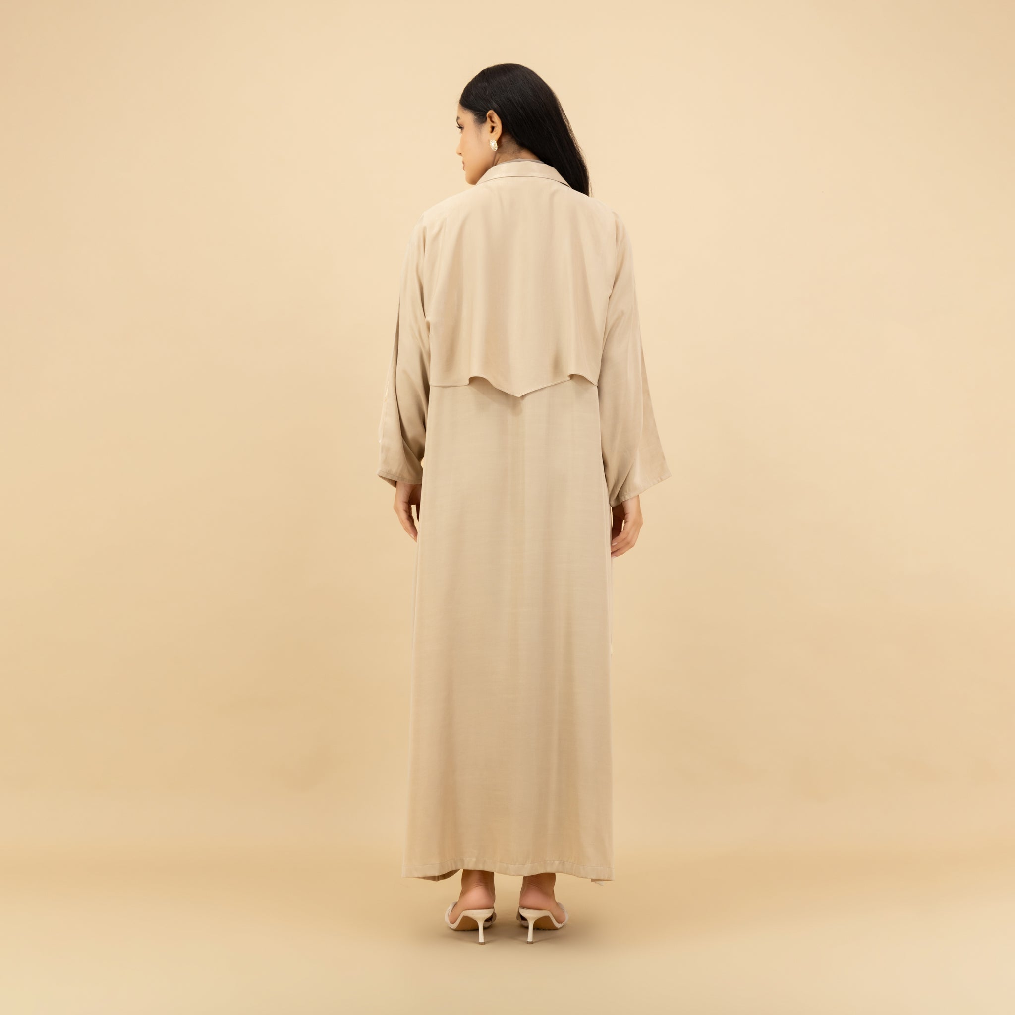 Graceful Beige Abaya with Golden Feather Embroidery