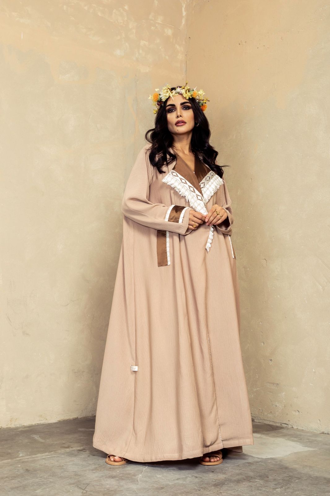 Blush Beige Textured Abaya with Fringe Detailing