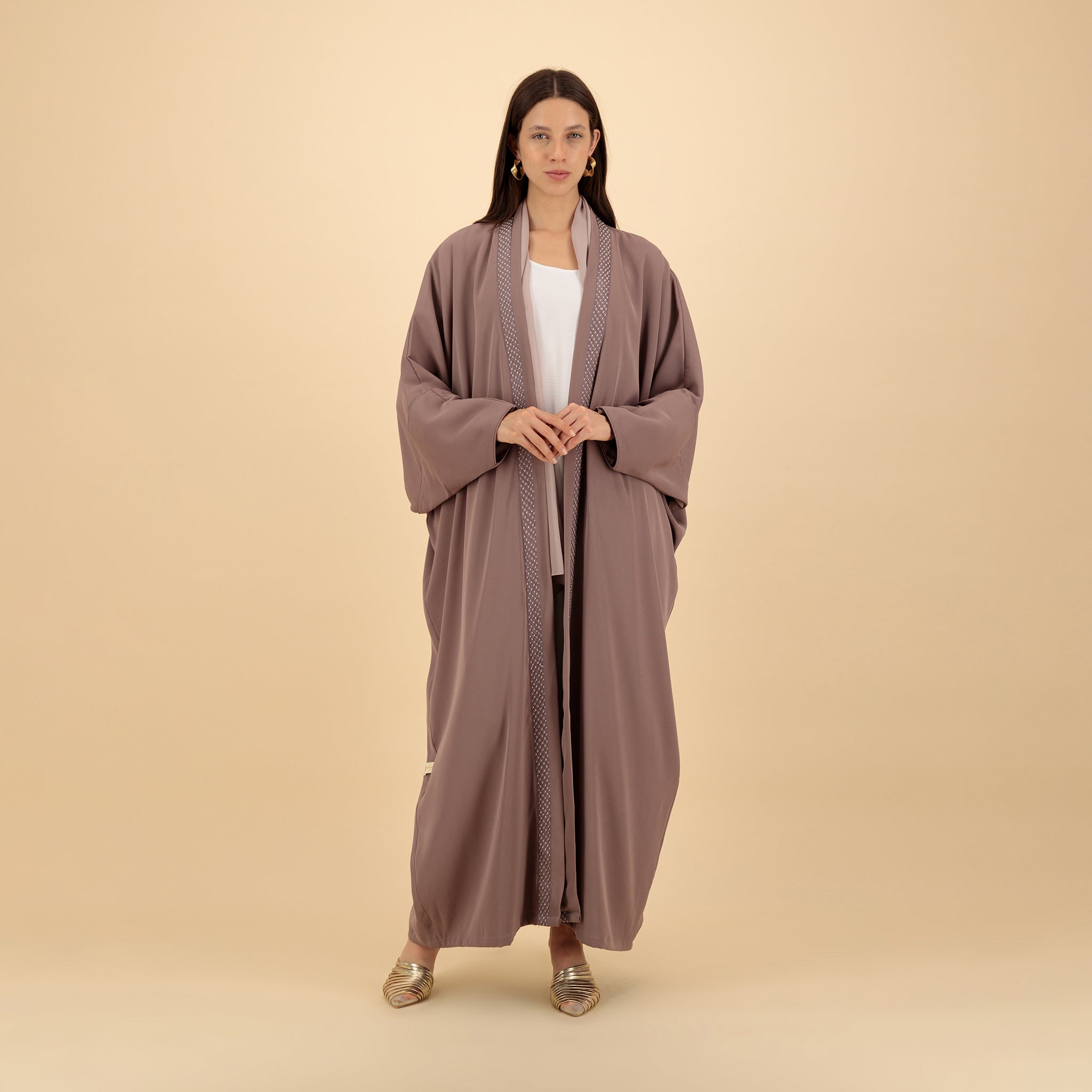 Mauve Open Abaya with Subtle Trim Detailing