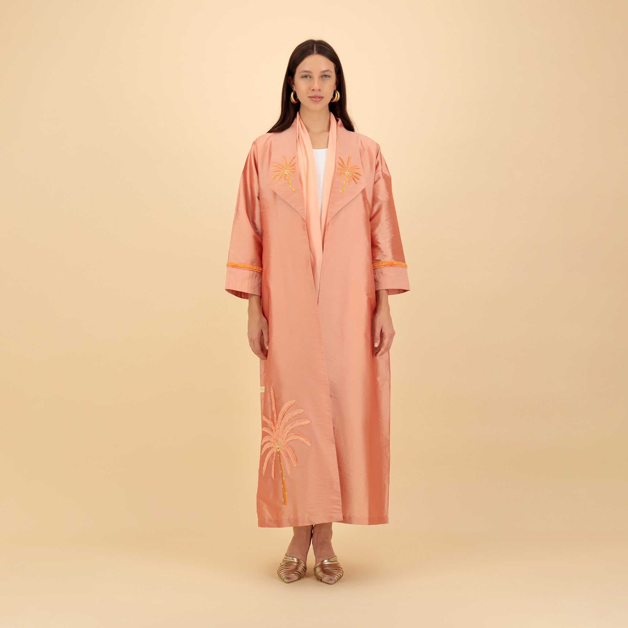Orange‑Pink Taffeta Abaya with Palm Embroidery