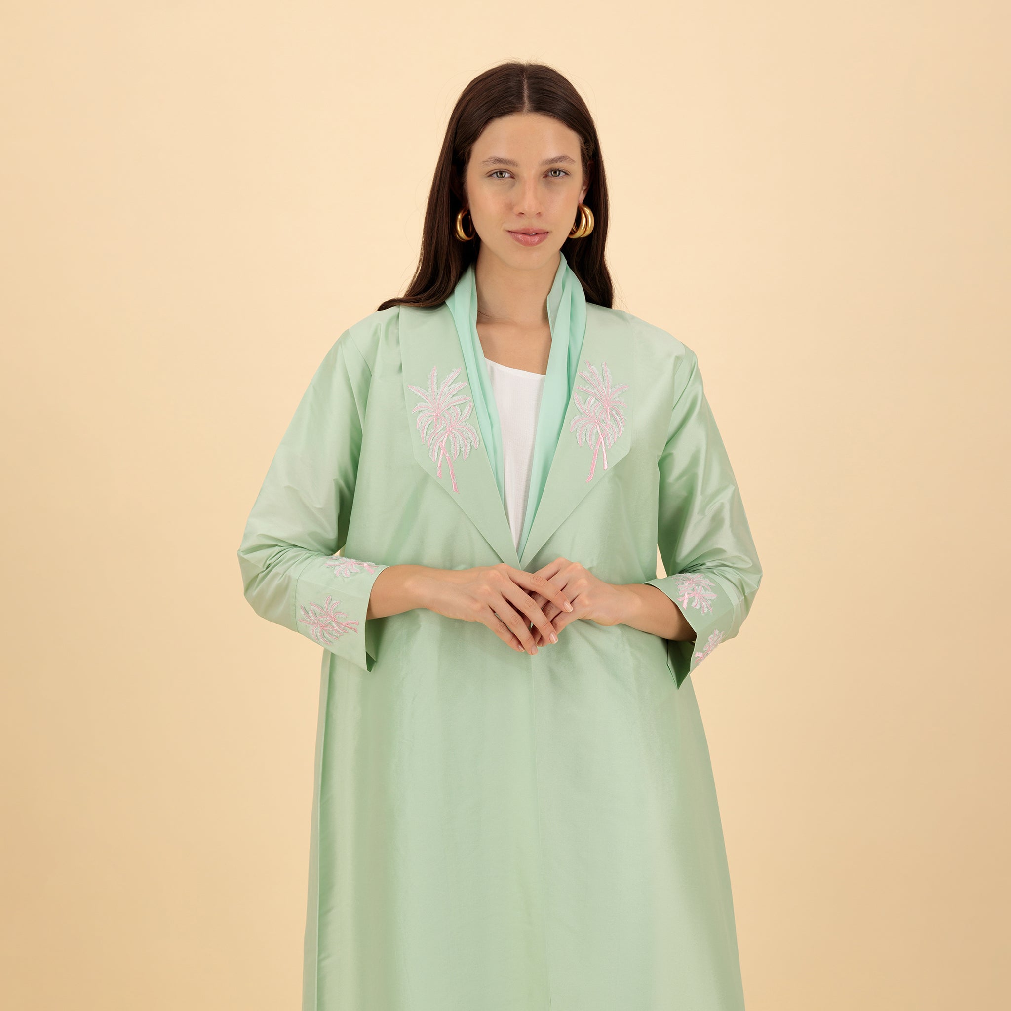 Aqua Pearl Abaya with Palm Tree Embroidery
