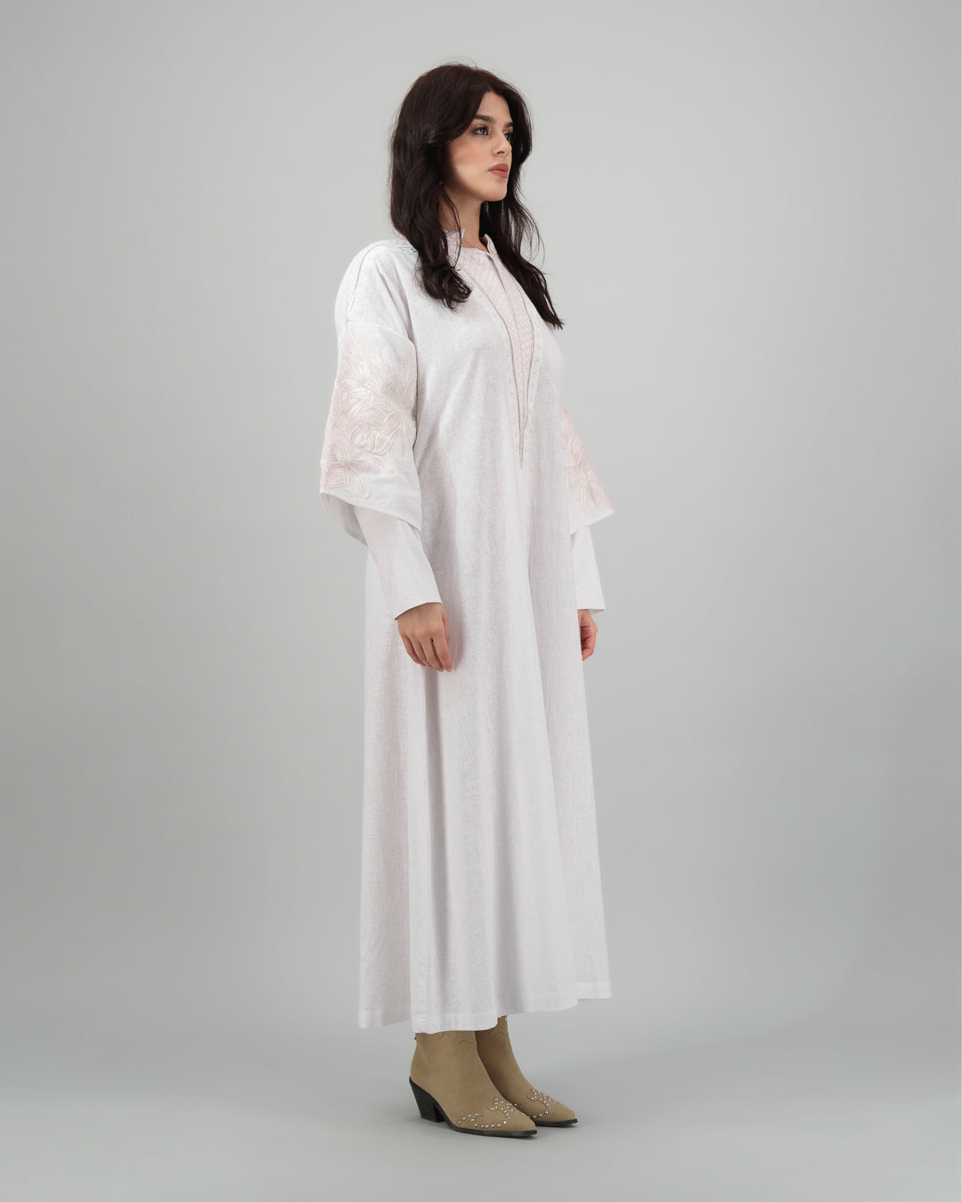 White Linen Kaftan with Pink Leaf & Floral Embroidery