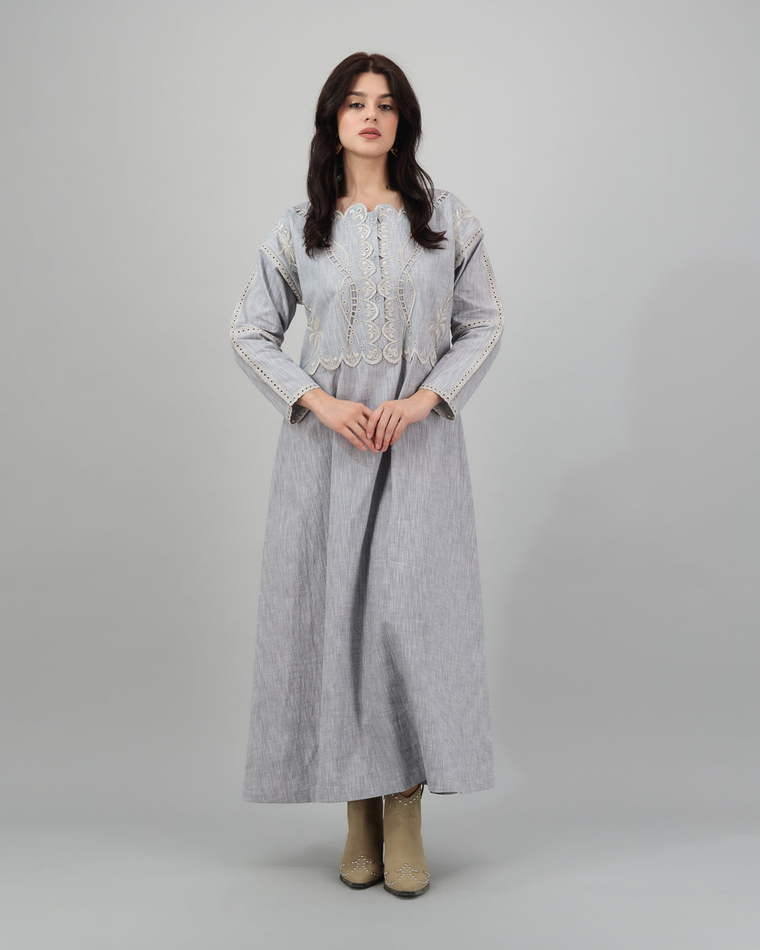 Gray Linen Kaftan with Silver Leaf & Floral Embroidery