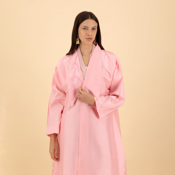 Baby Pink Taffeta Abaya with Floral Embroidery