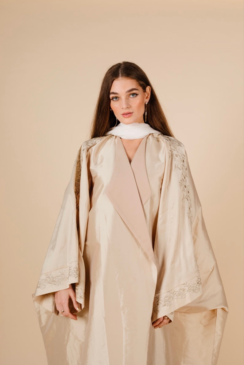 Cream Leaf Embroidered Abaya