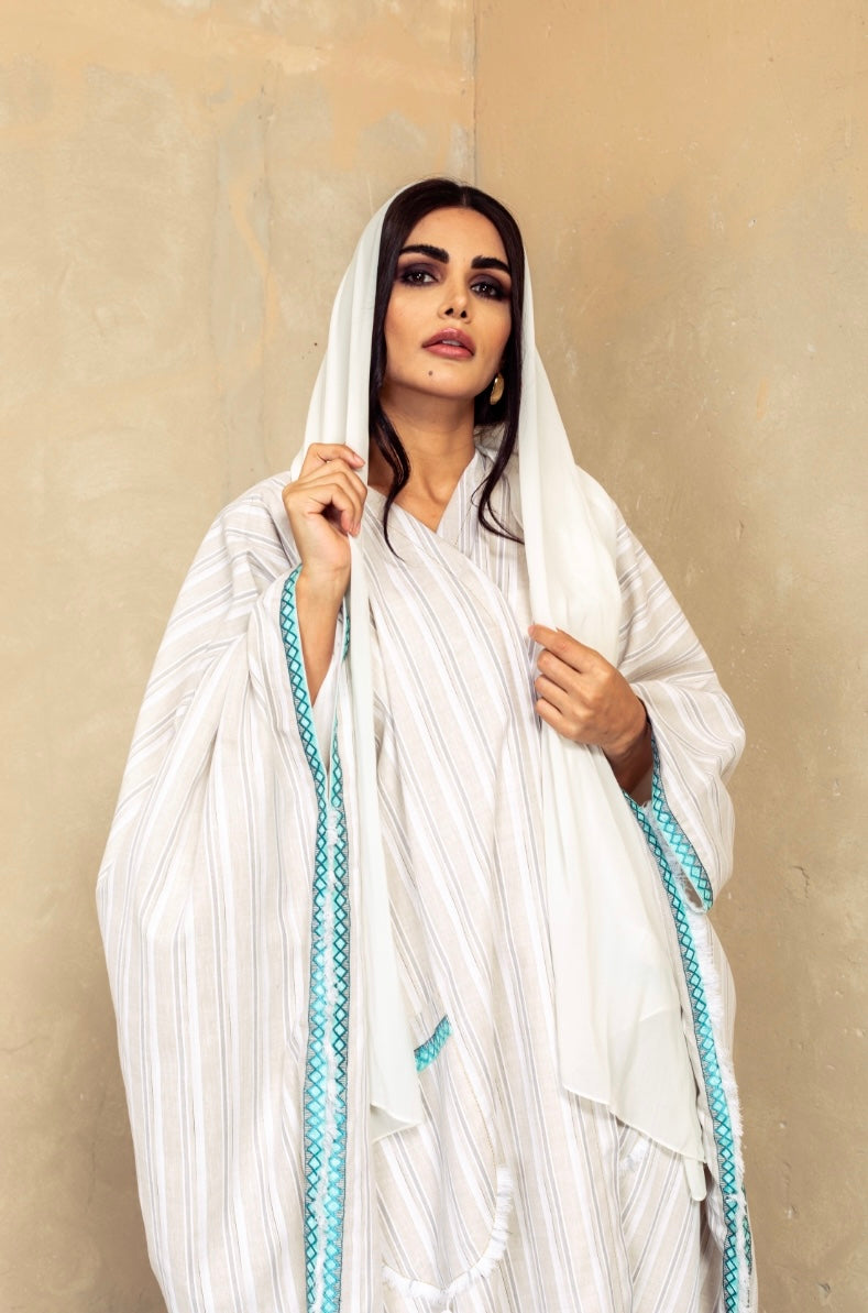 Beige Striped Linen Bisht Abaya