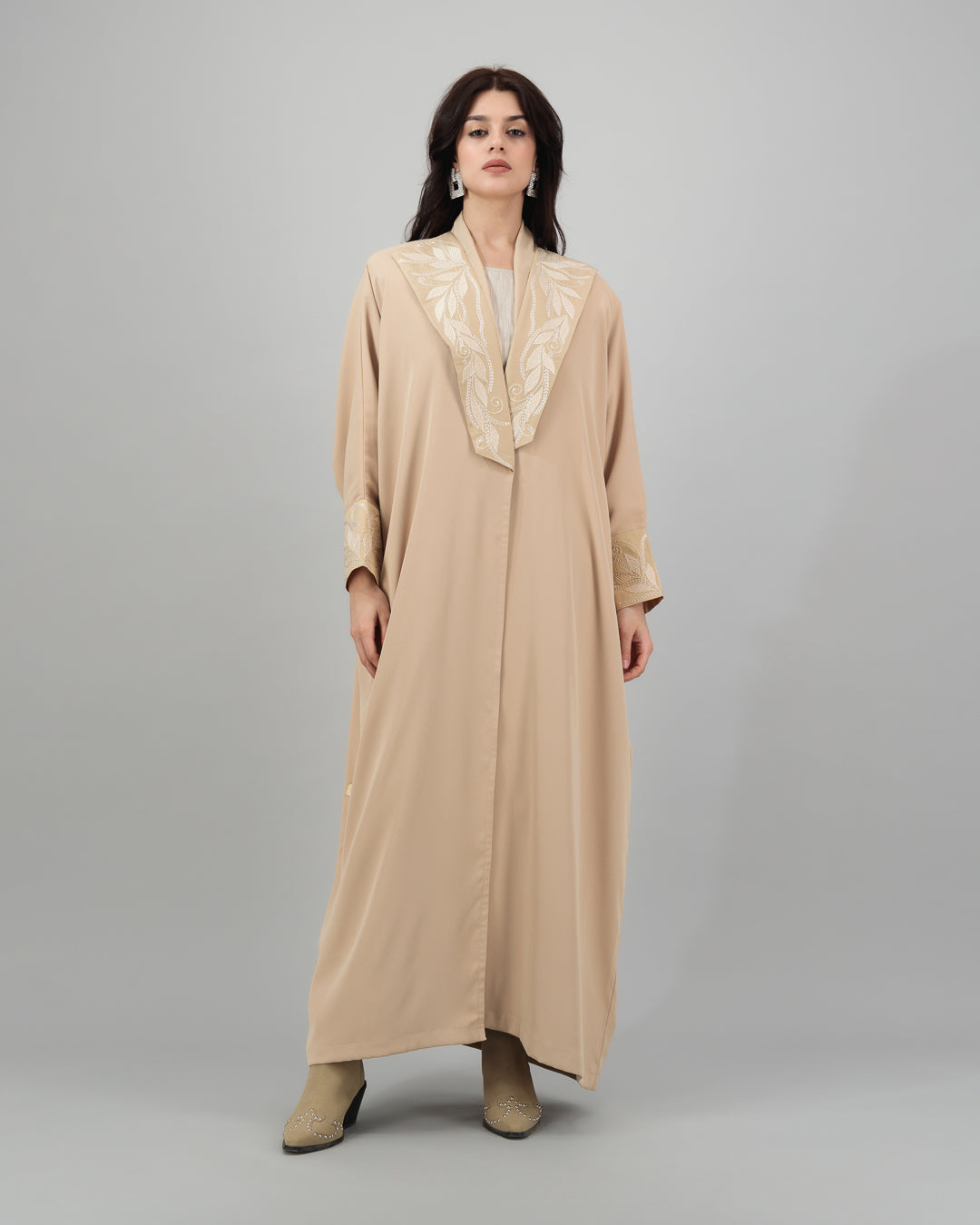 Camel Beige Abaya with Embroidered Collar and Cuffs