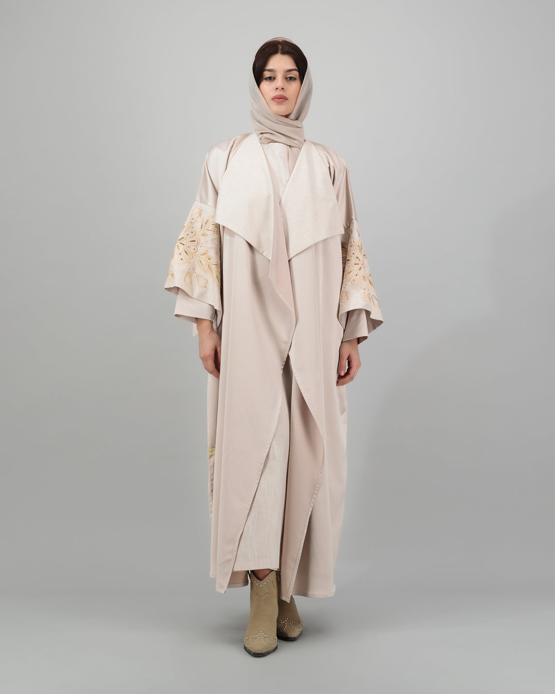 Blush Beige Abaya with Golden Embroidered Sleeves