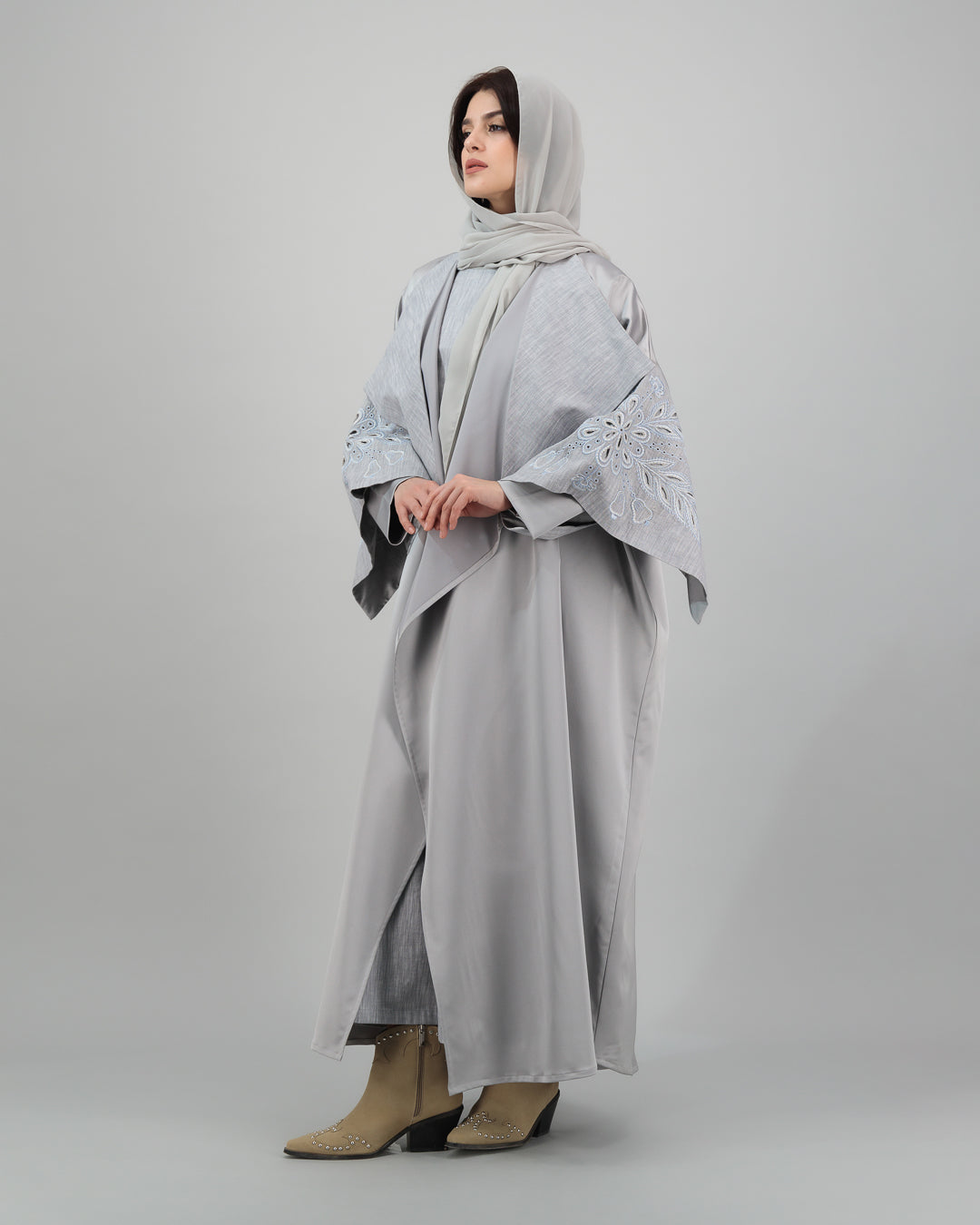 Dusty Grey Embroidered Open Abaya