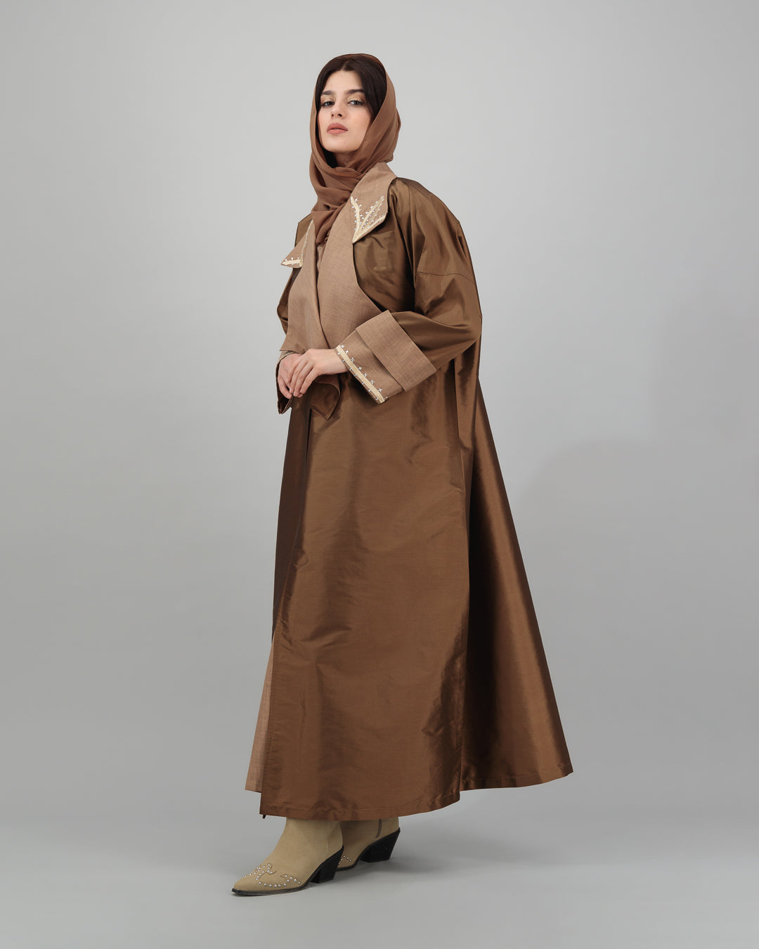 Chocolate Brown Embroidered Collar Abaya with Sheen Finish
